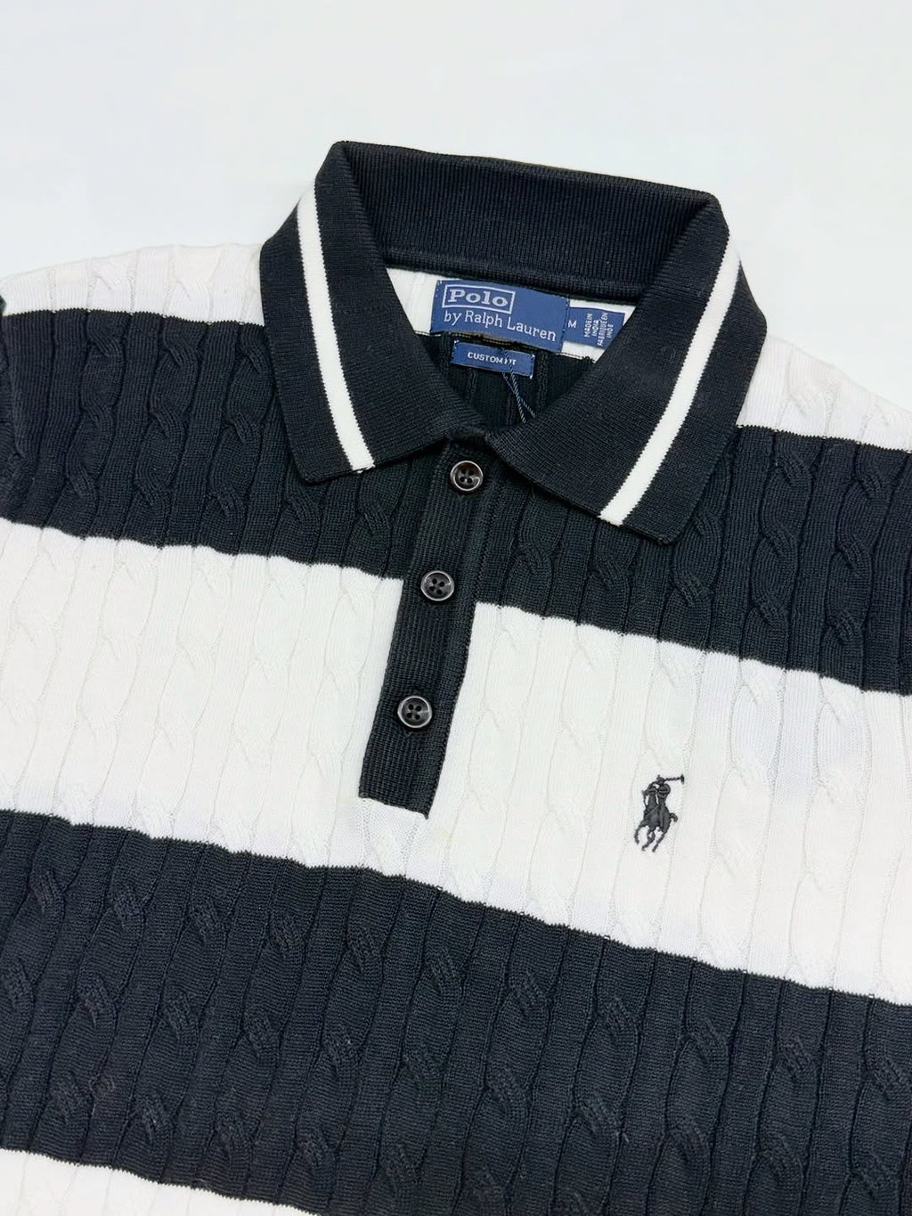 Men’s Signature Cable-Knit Striped Polo – Black & White
