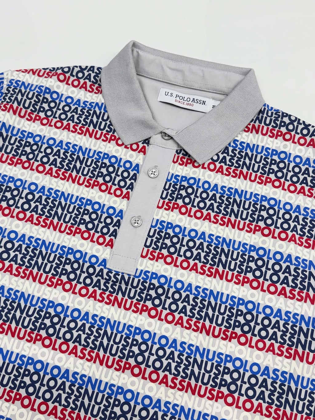 U.S. Polo Assn. Men’s All-Over Logo Print Polo Shirt – Red, White & Blue
