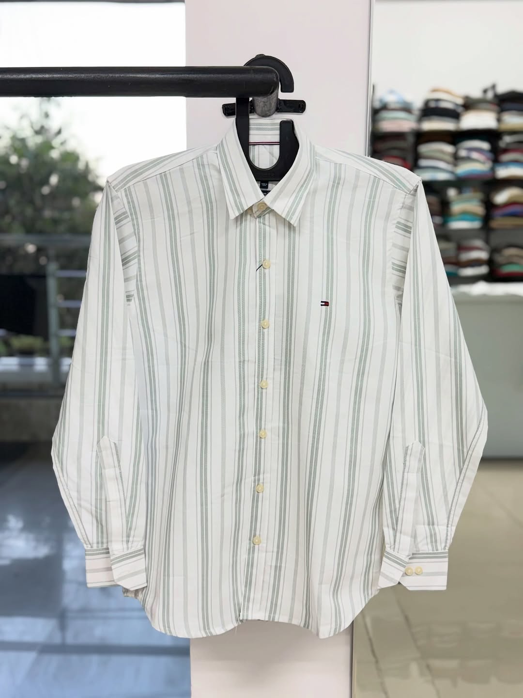 Tommy Hilfiger Men’s Classic Fit Striped Oxford Shirt – Sage Green & White