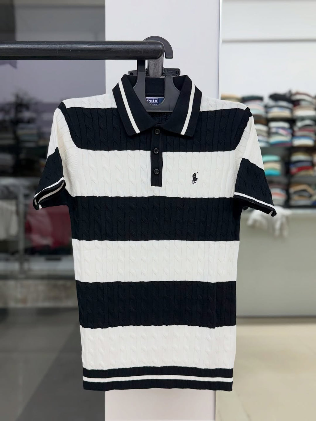 Men’s Signature Cable-Knit Striped Polo – Black & White