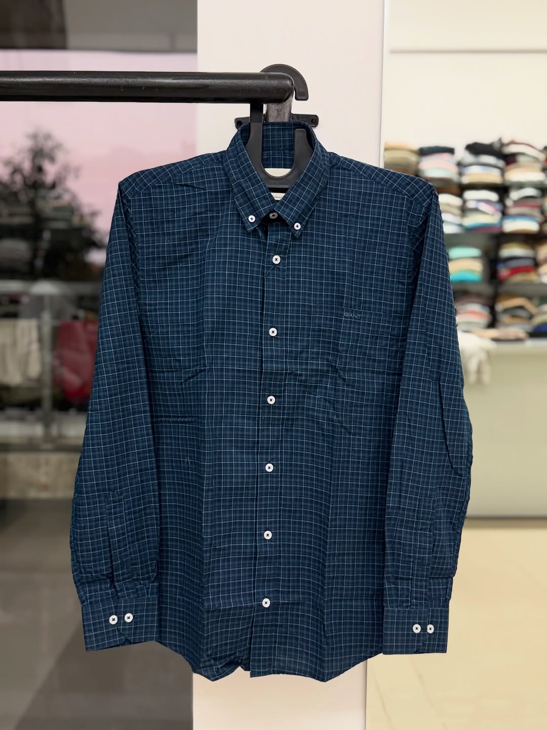 Men's Navy Blue Micro-Check Button-Down Cotton Shirt