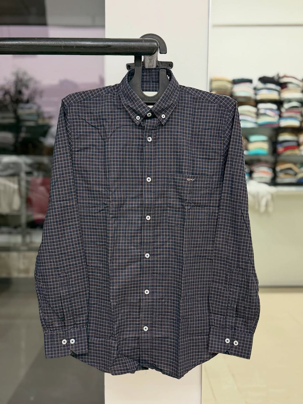 Men's Slim-Fit Checkered Casual Shirt - Navy & Brown