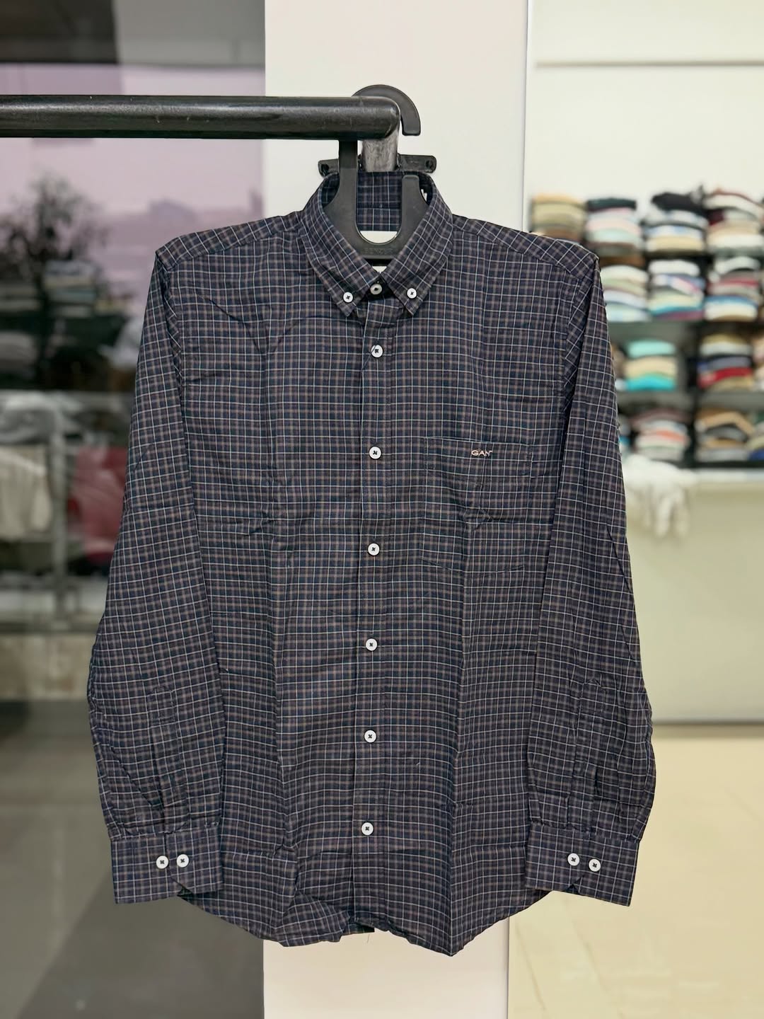 Men's Slim-Fit Checkered Casual Shirt - Navy & Brown
