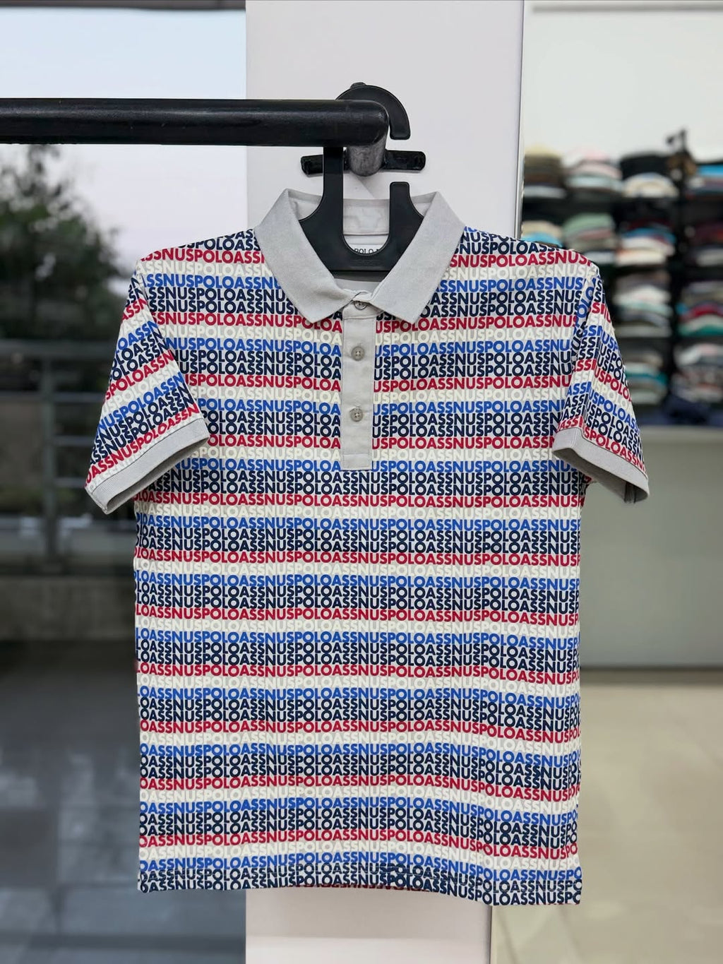 U.S. Polo Assn. Men’s All-Over Logo Print Polo Shirt – Red, White & Blue